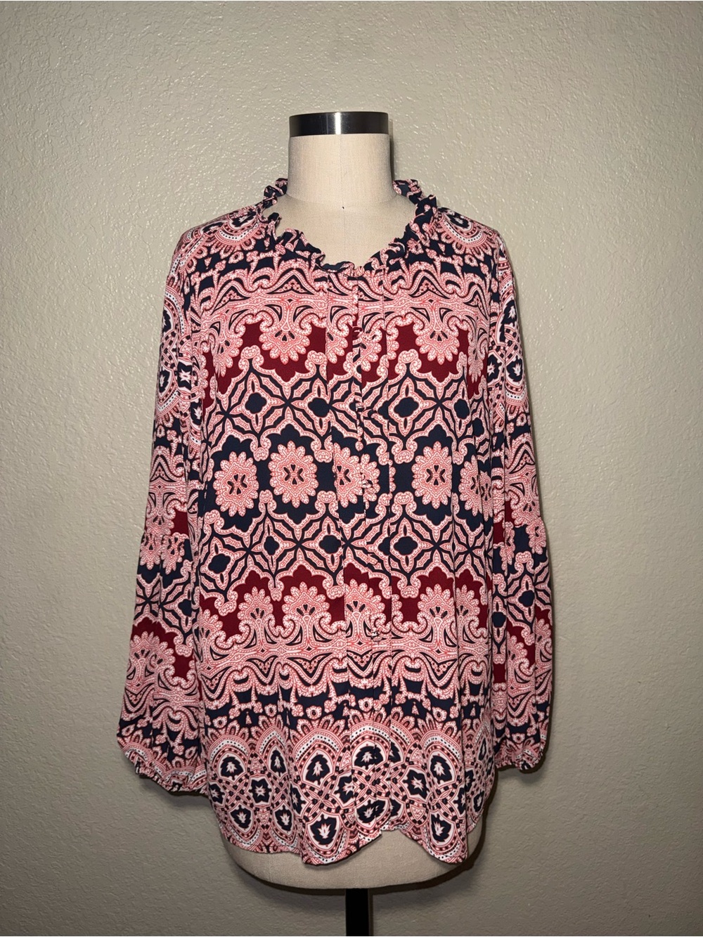 THE LIMITED XL Paisley Boho Ruffle Neck Button Front Blouse